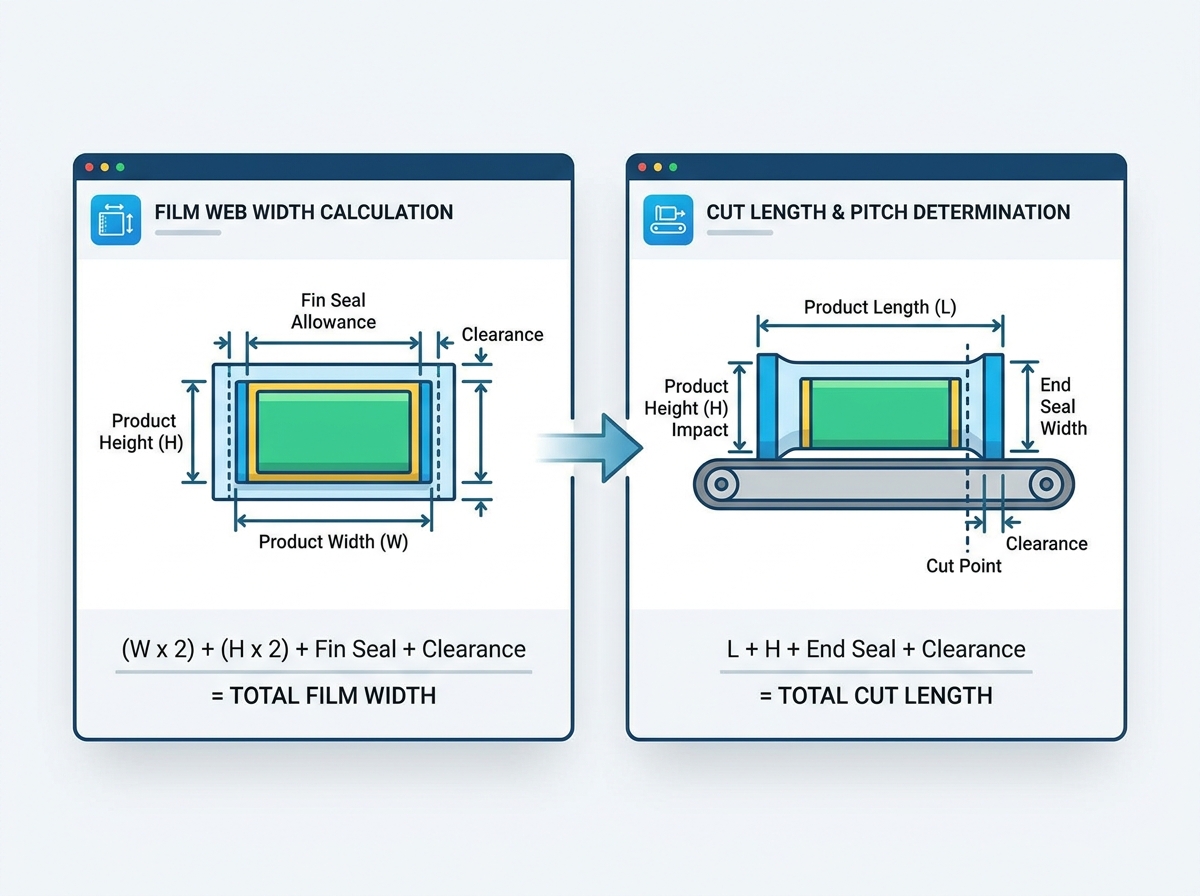 Diagram teknis yang mengilustrasikan panjang cutoff mesin pembungkus aliran dan perhitungan lebar jaringan film